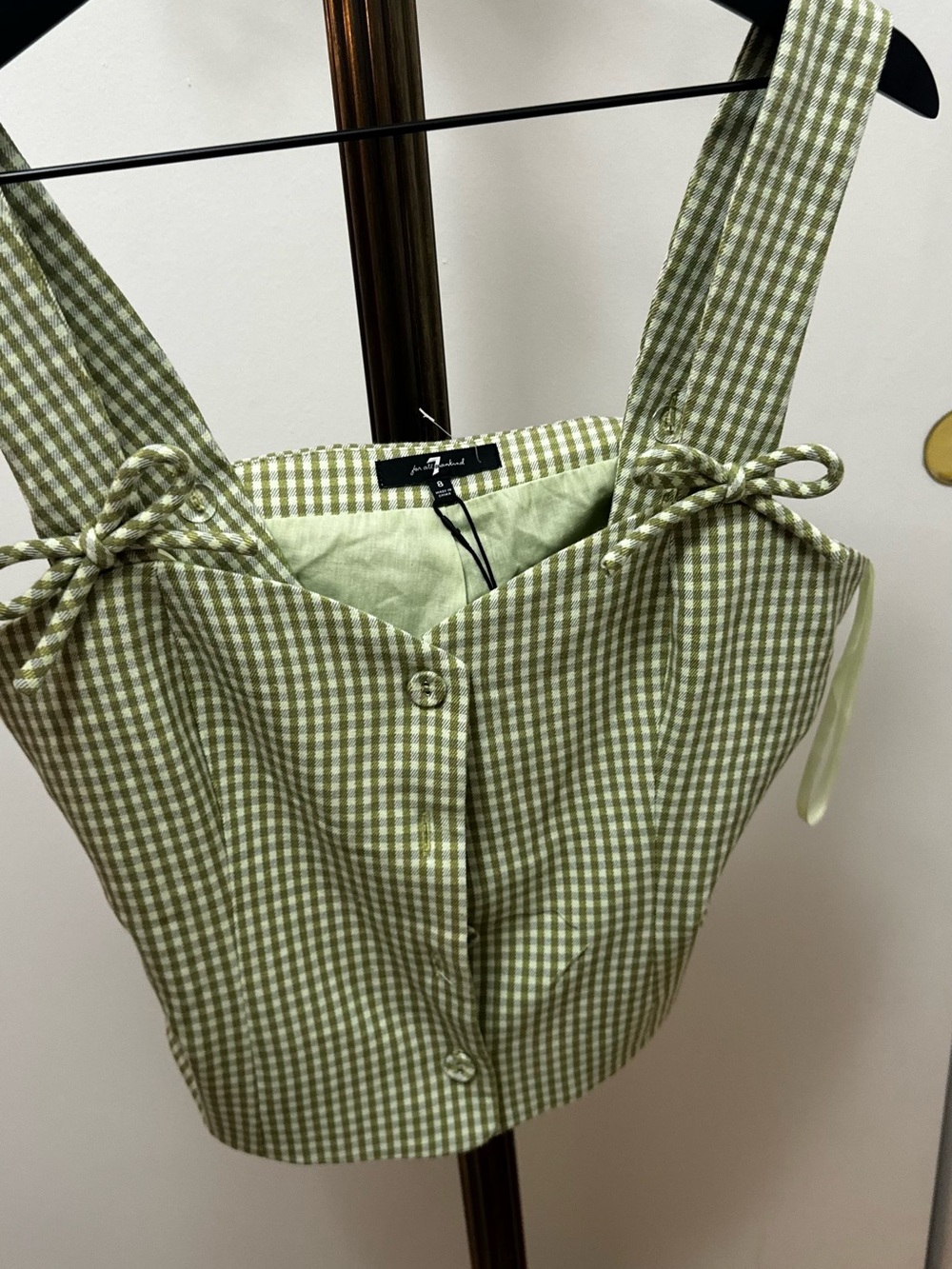 7 For All Mankind Green Gingham Tie-Strap Crop Top